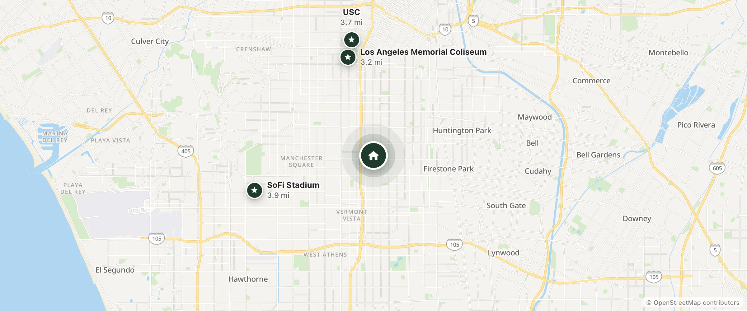 Map of New Casa Motel and nearby Los Angeles Memorial Coliseum, USC and SoFi Stadium