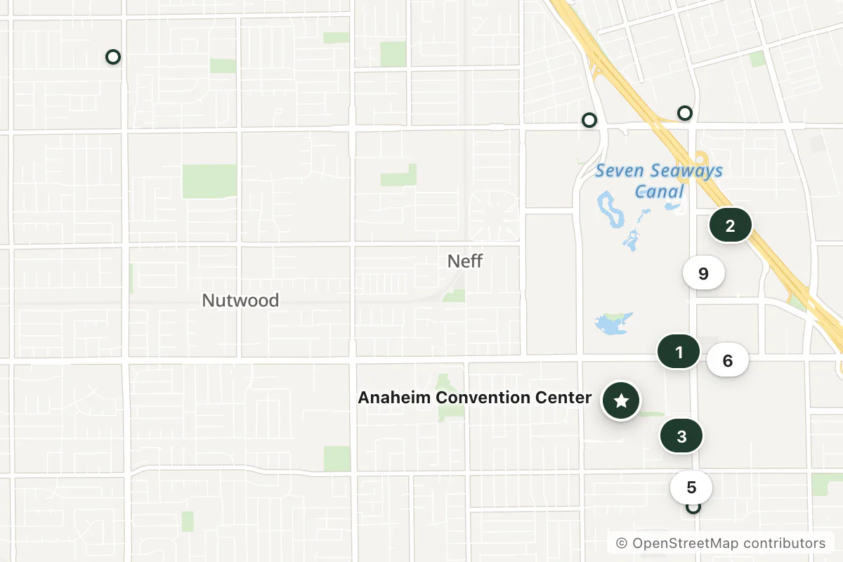 Map of the top 13 hotels for this question around Anaheim Convention Center