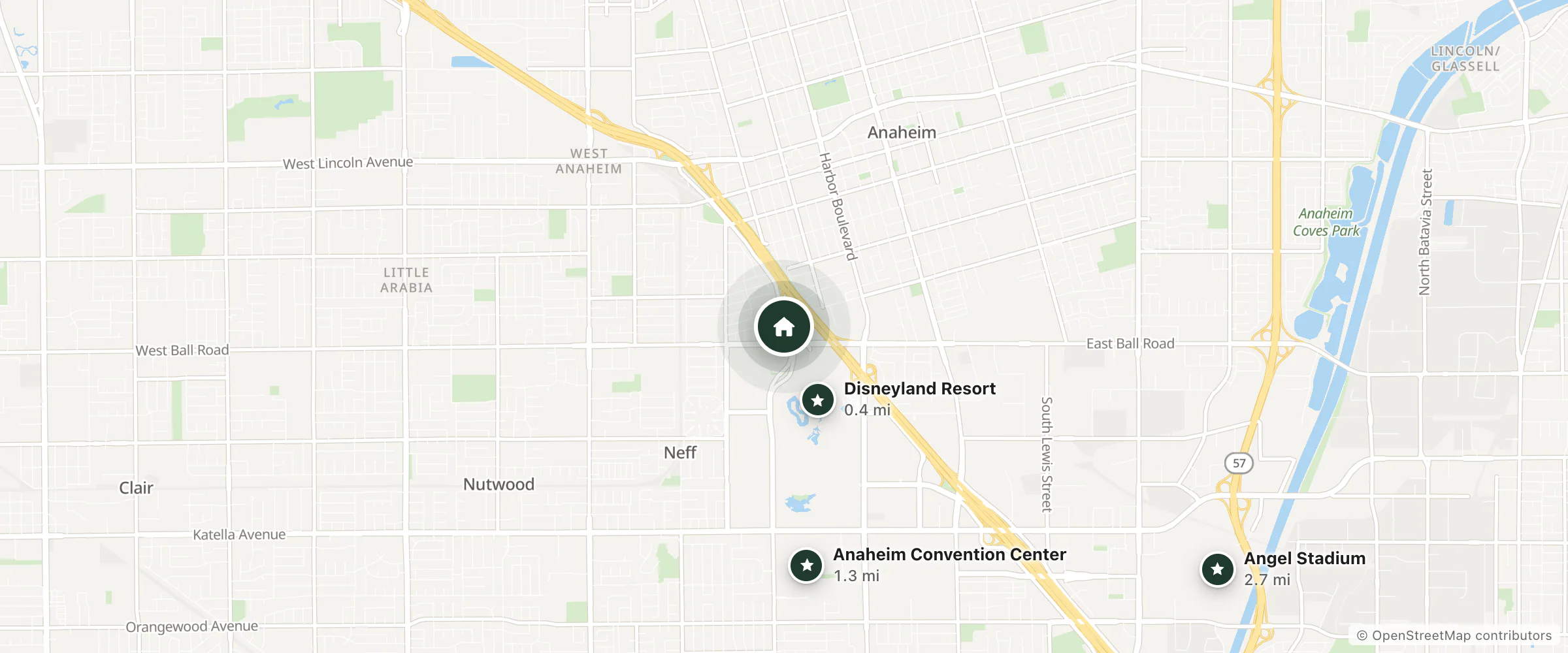 Map of Super 8 by Wyndham Anaheim Disneyland Drive and nearby Disneyland Resort, Anaheim Convention Center and Angel Stadium
