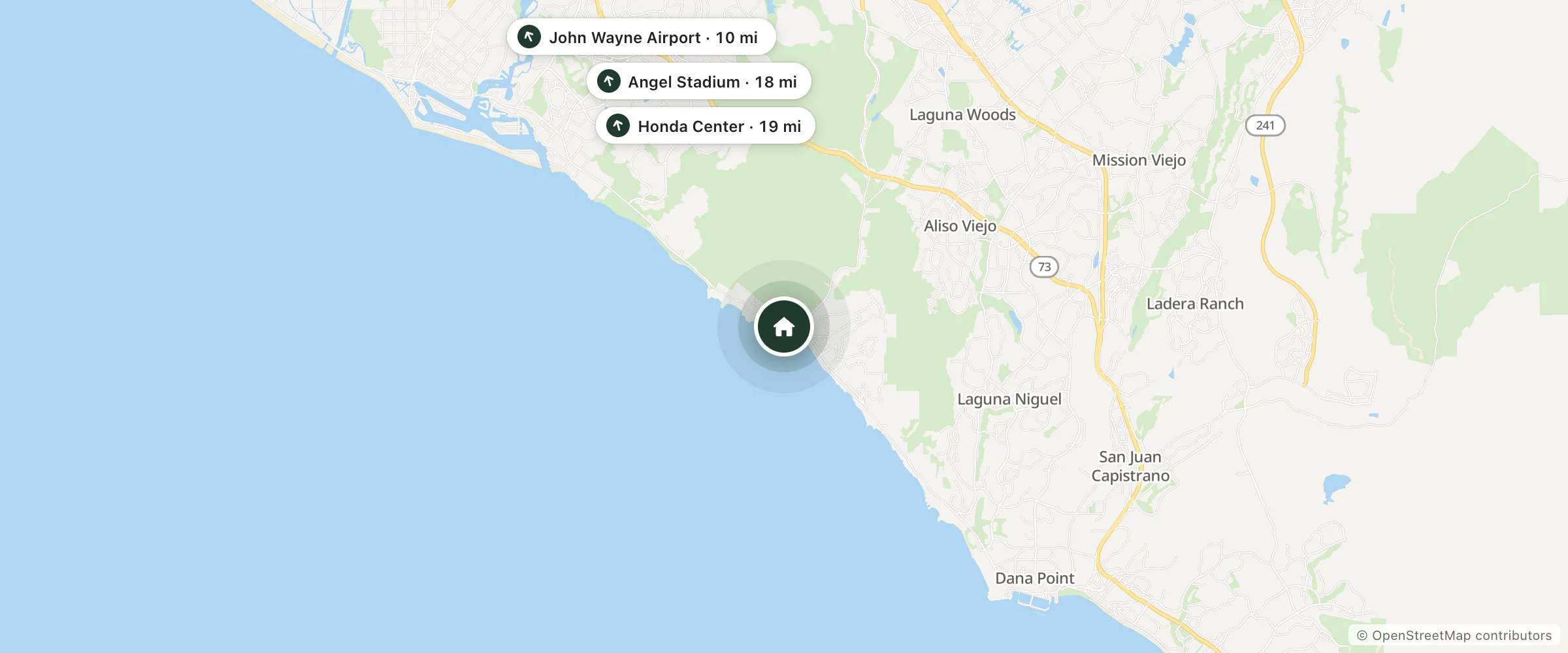 Map of The Tides Laguna Beach and nearby John Wayne Airport, Angel Stadium and Honda Center