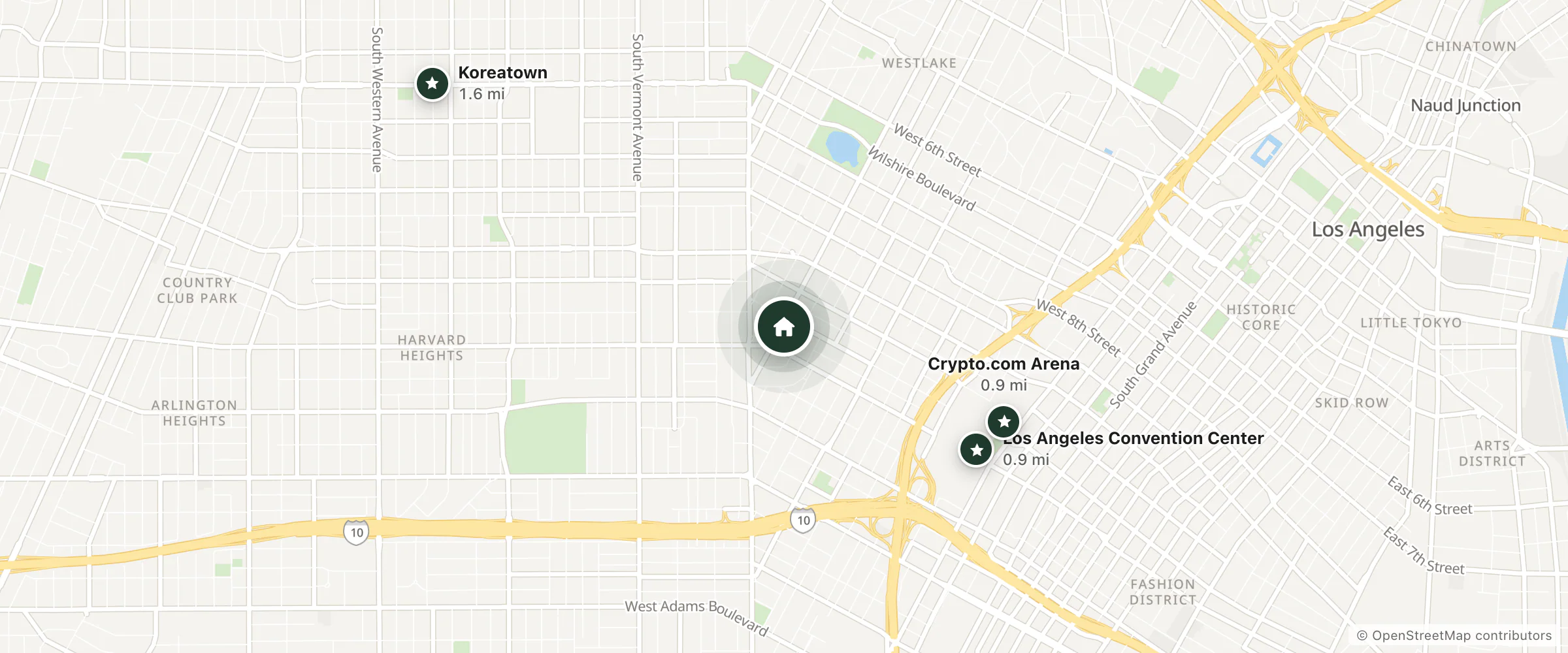 Map of Casa Bella Inn and nearby Los Angeles Convention Center, Crypto.com Arena and Koreatown