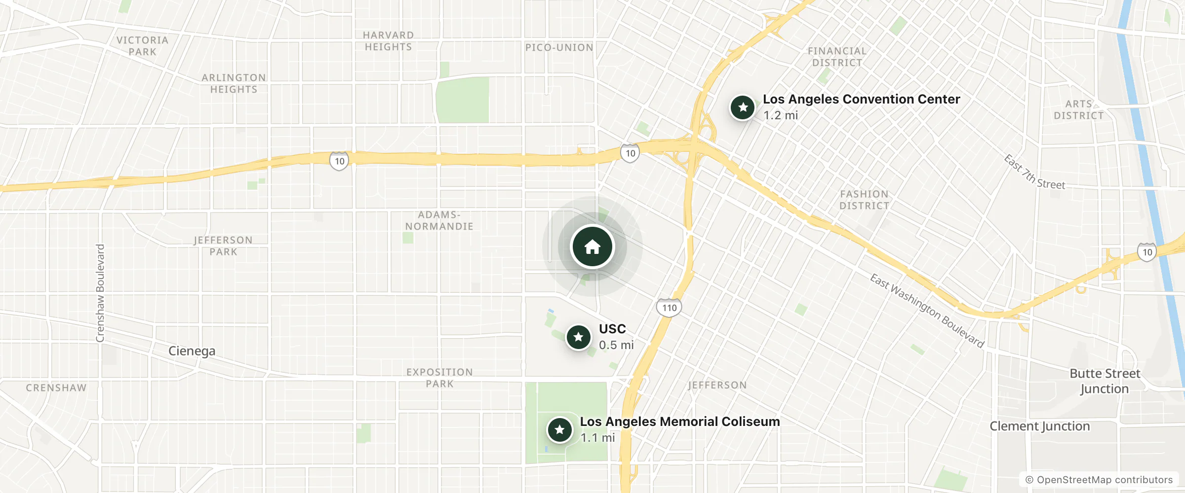 Map of Holiday Inn and nearby USC, Los Angeles Memorial Coliseum and Los Angeles Convention Center
