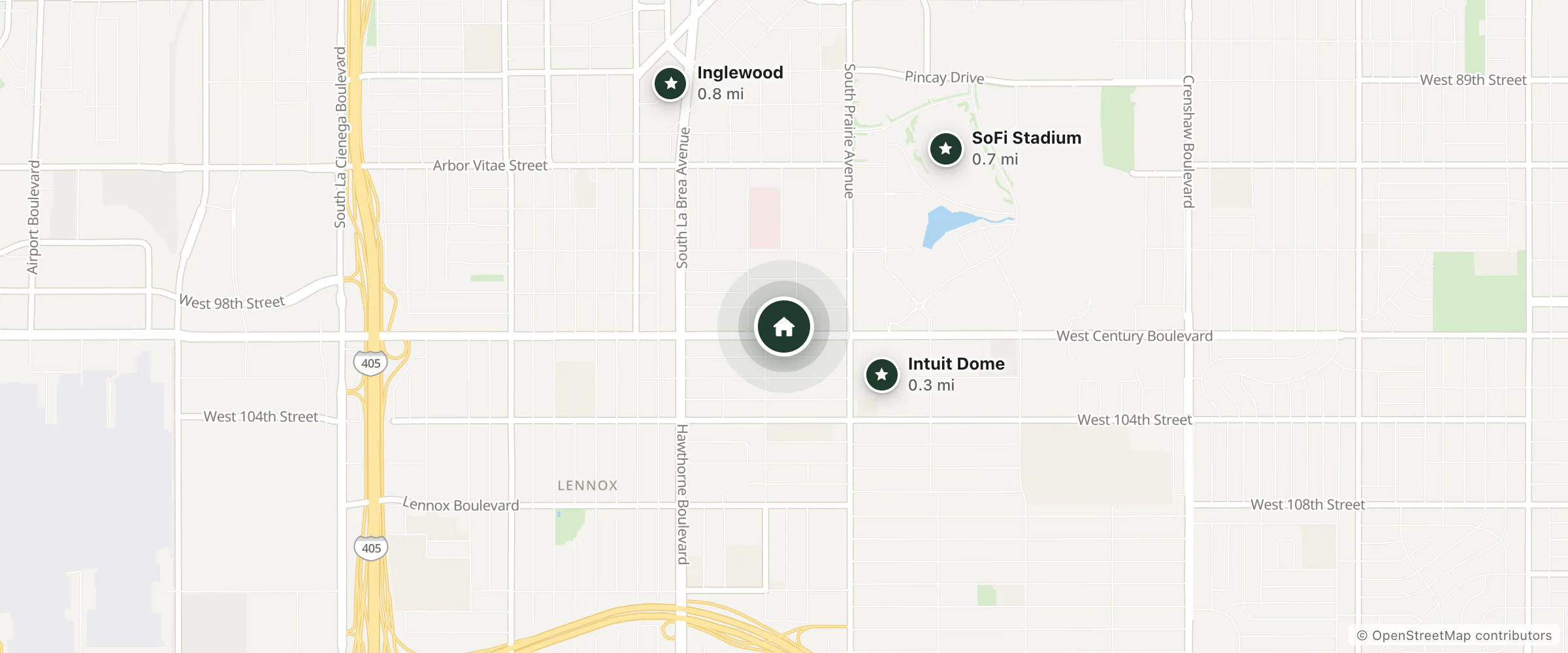 Map of Motel 6 Inglewood, Ca and nearby Intuit Dome, SoFi Stadium and Inglewood