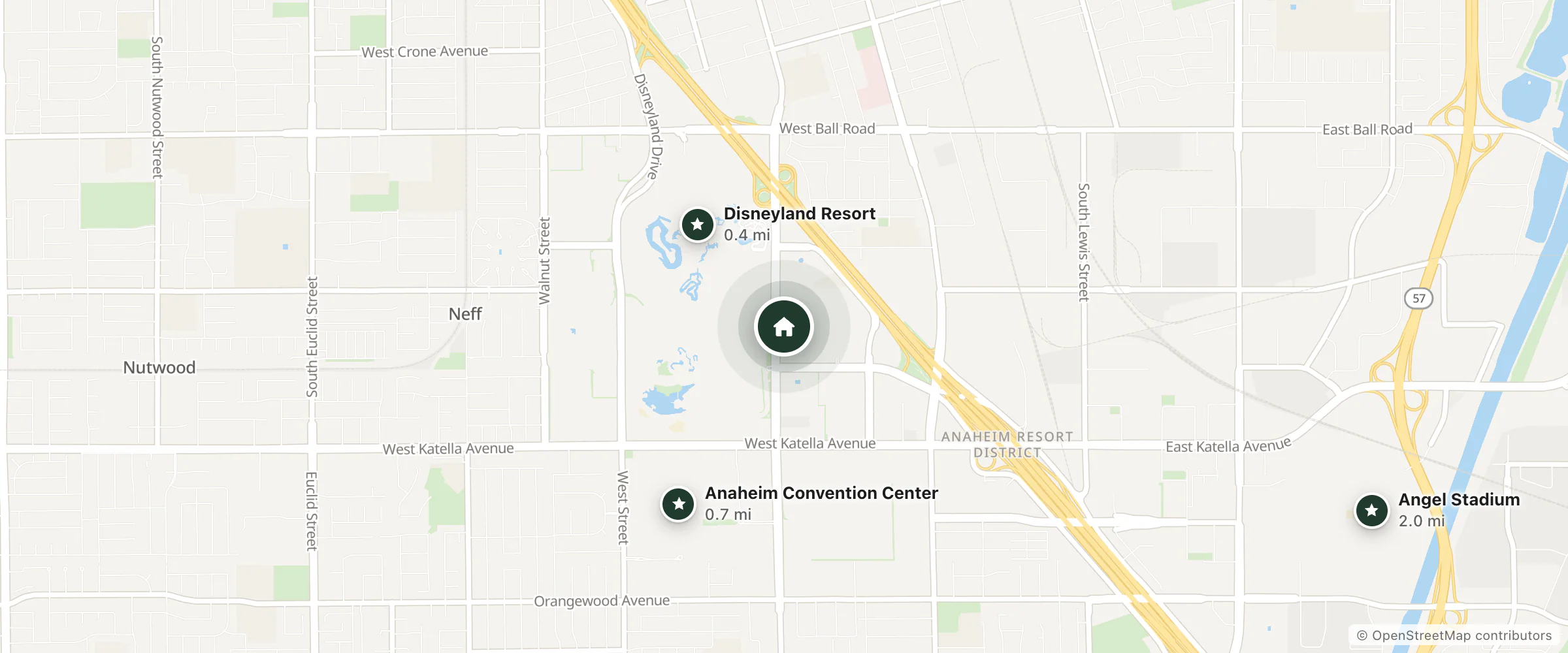 Map of Aneheim Dessert Inn Sun Deck and nearby Disneyland Resort, Anaheim Convention Center and Angel Stadium