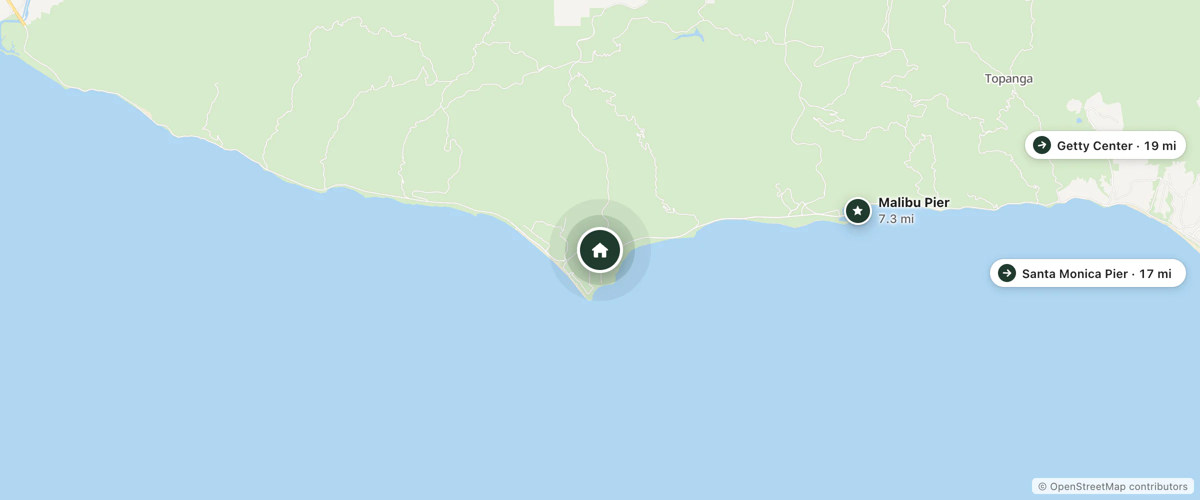 Map of Native Hotel and nearby Malibu Pier, Santa Monica Pier and Getty Center