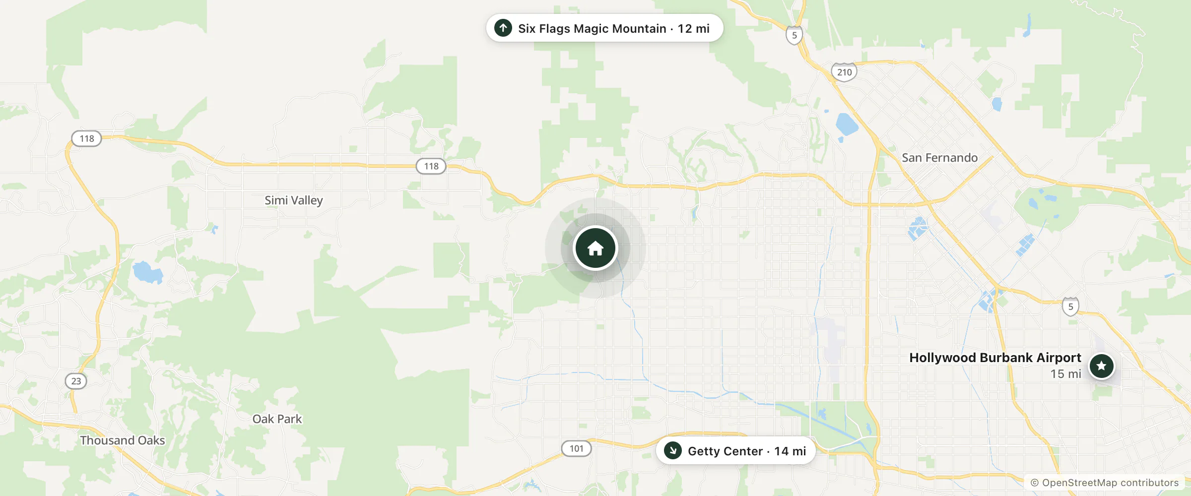 Map of DoubleTree by Hilton Chatsworth and nearby Six Flags Magic Mountain, Getty Center and Hollywood Burbank Airport
