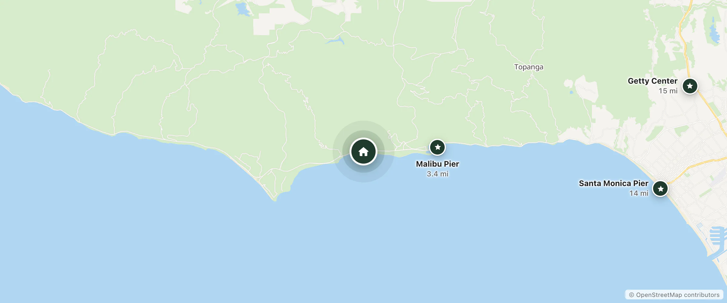 Map of Malibu beach and nearby Malibu Pier, Santa Monica Pier and Getty Center