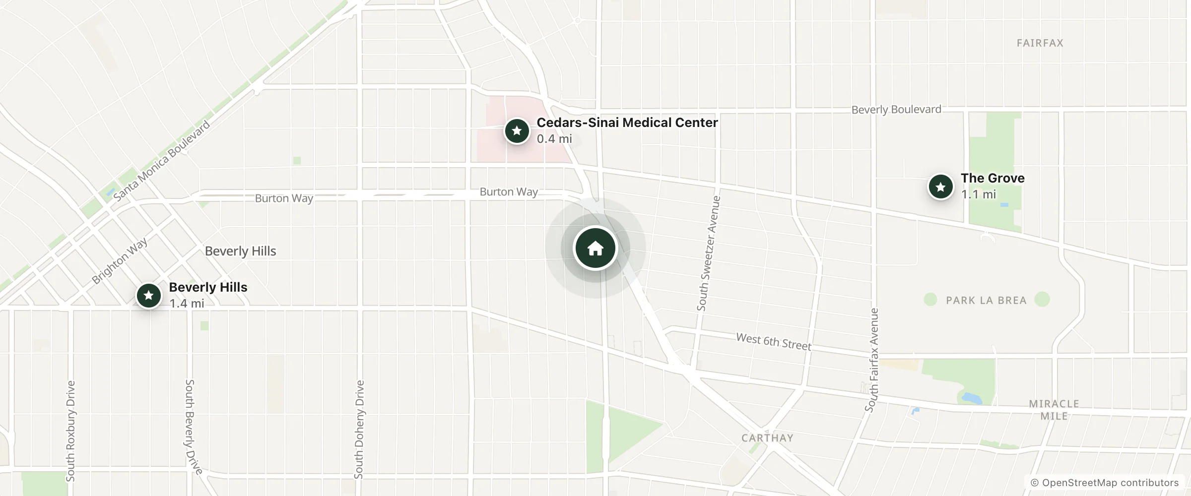 Map of Le Meridien Beverly Hills and nearby Cedars-Sinai Medical Center, The Grove and Beverly Hills