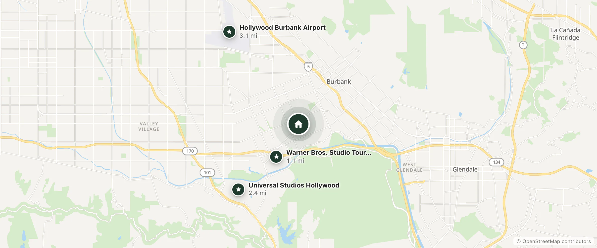 Map of Burbank Extended Stay Inn and nearby Warner Bros. Studio Tour Hollywood, Universal Studios Hollywood and Hollywood Burbank Airport