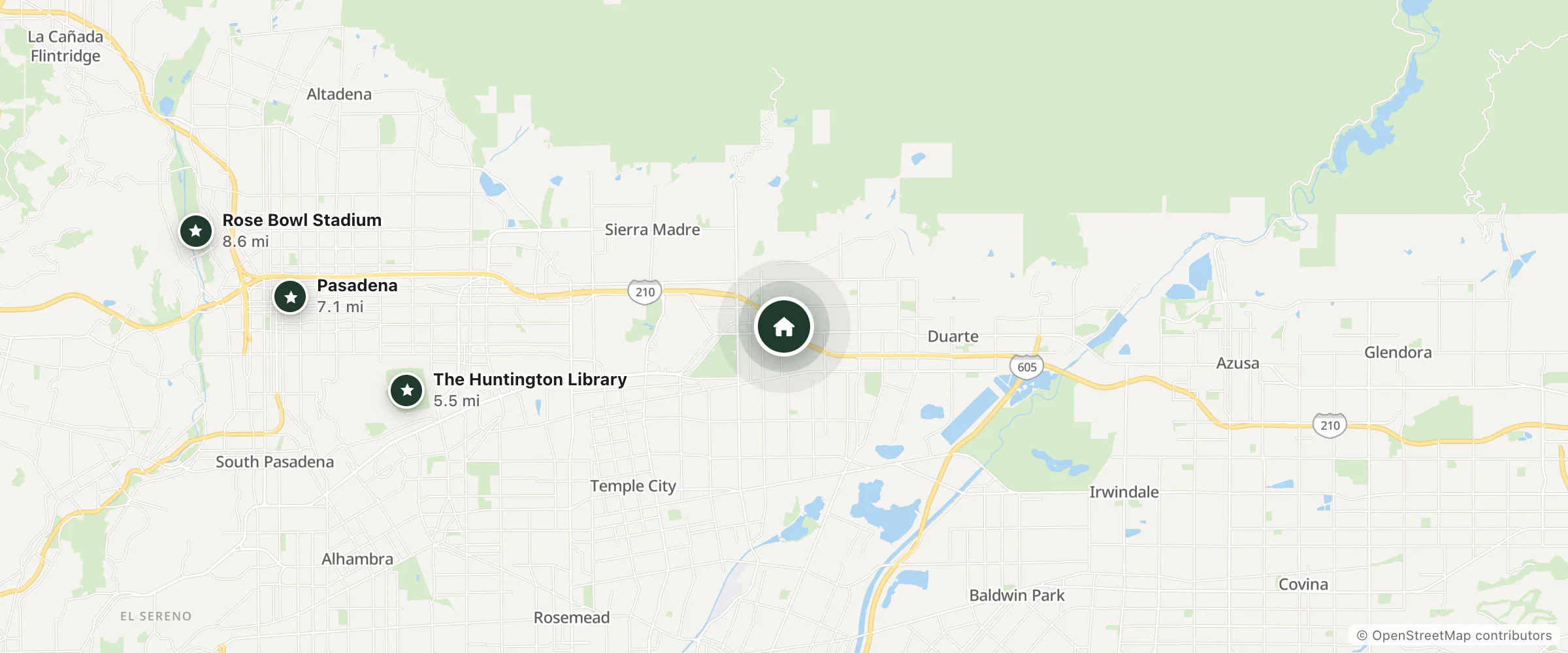 Map of Double Tree Hilton Lounge and nearby The Huntington Library, Pasadena and Rose Bowl Stadium