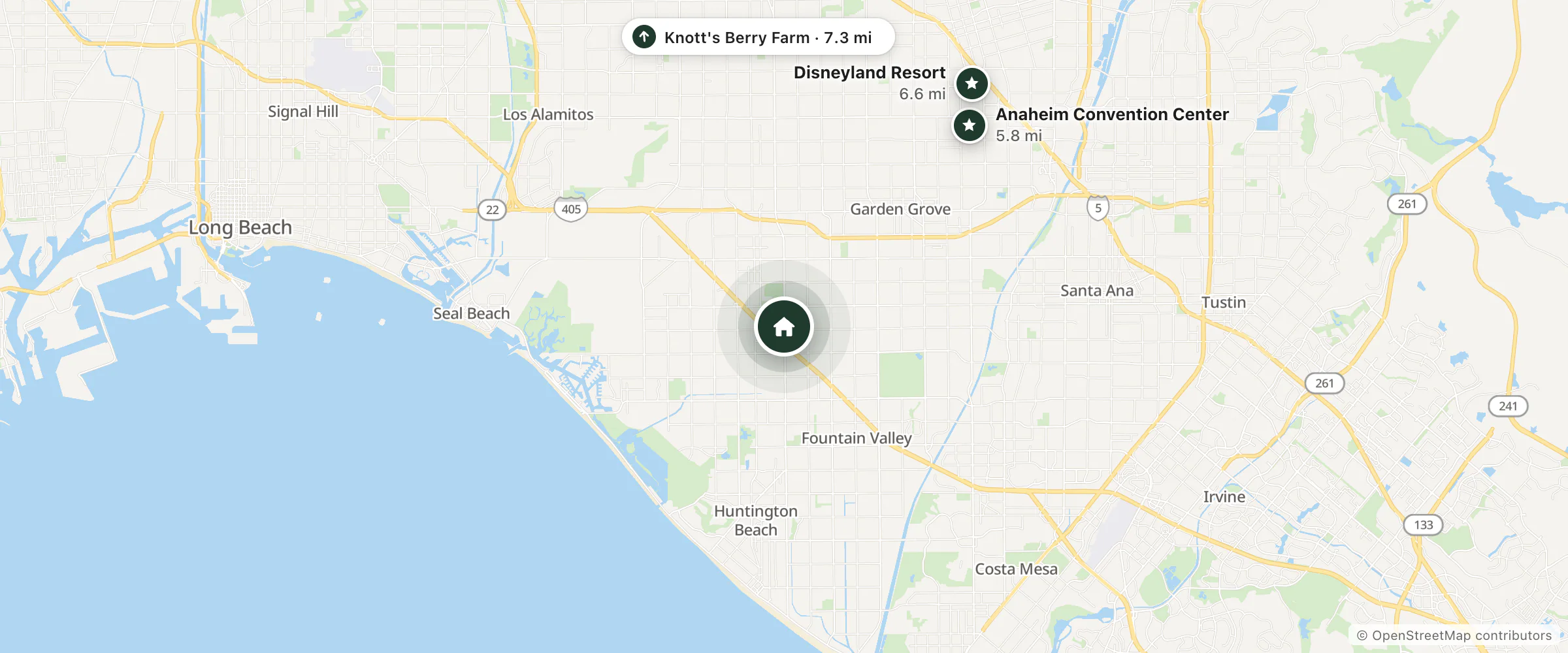Map of Beach West Inn and nearby Anaheim Convention Center, Disneyland Resort and Knott's Berry Farm
