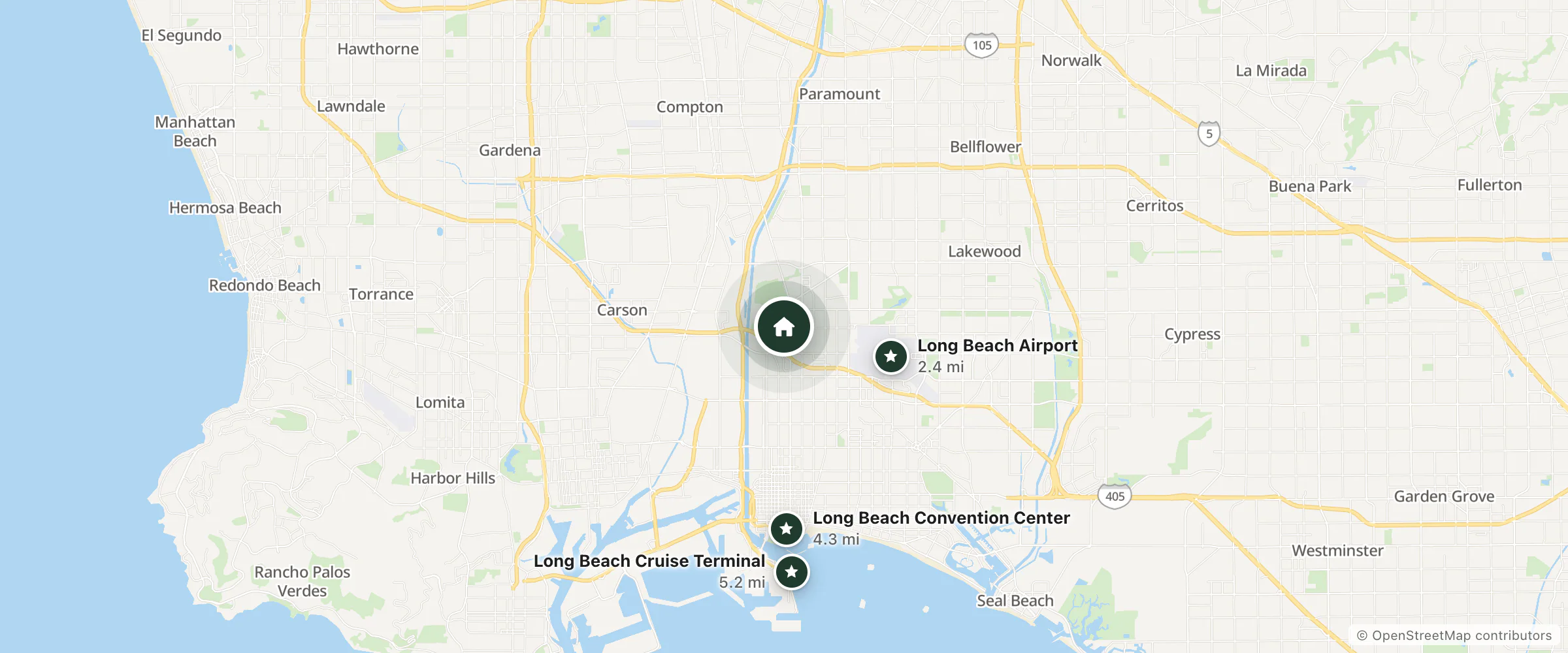 Map of Tree Bones Resort and nearby Long Beach Airport, Long Beach Convention Center and Long Beach Cruise Terminal