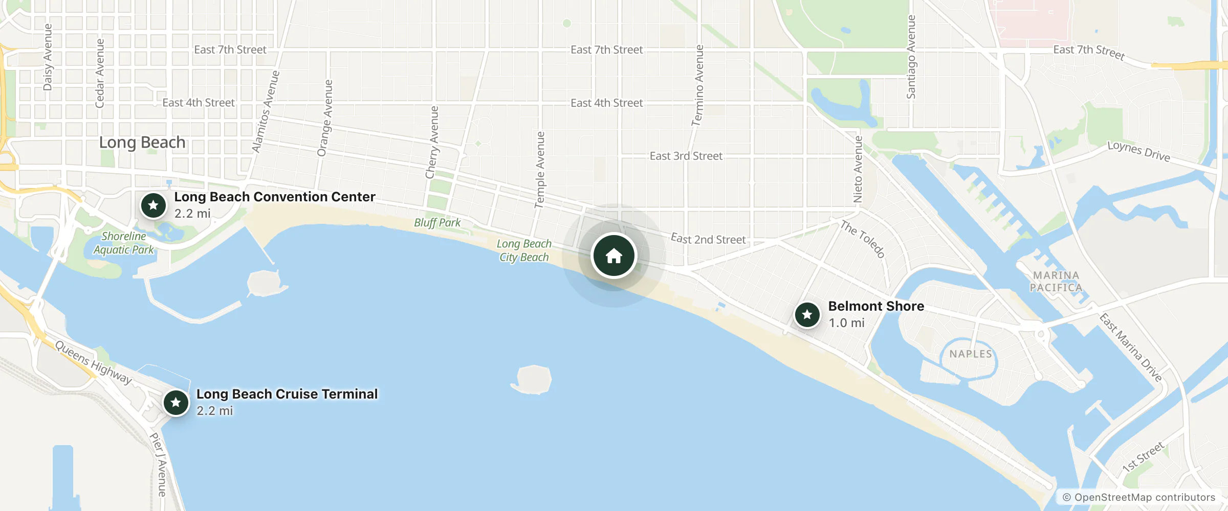 Map of Đức Mẹ Long Beach and nearby Belmont Shore, Long Beach Cruise Terminal and Long Beach Convention Center