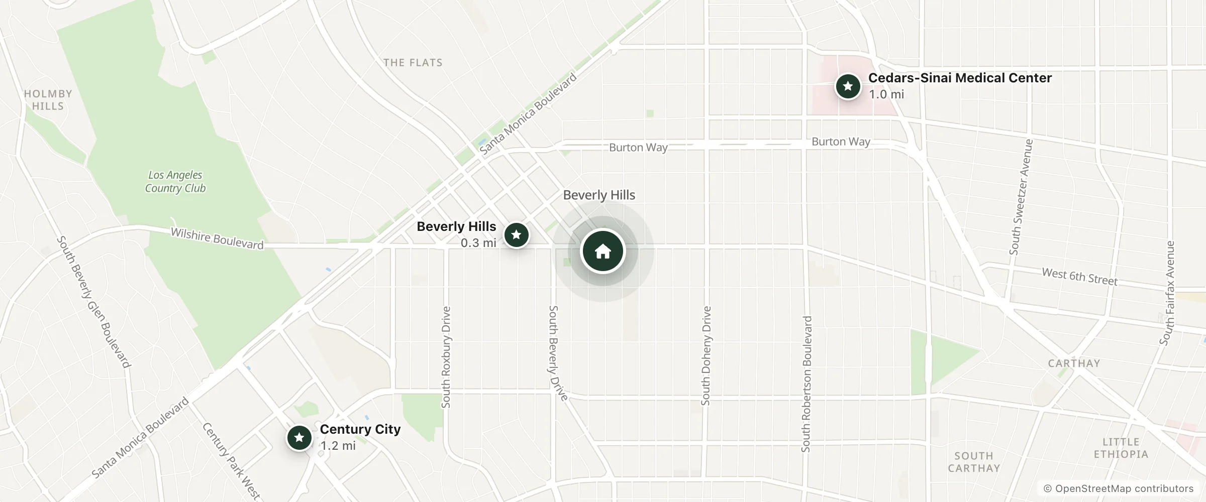 Map of Radisson Beverly Pavilion Hotel and nearby Beverly Hills, Cedars-Sinai Medical Center and Century City
