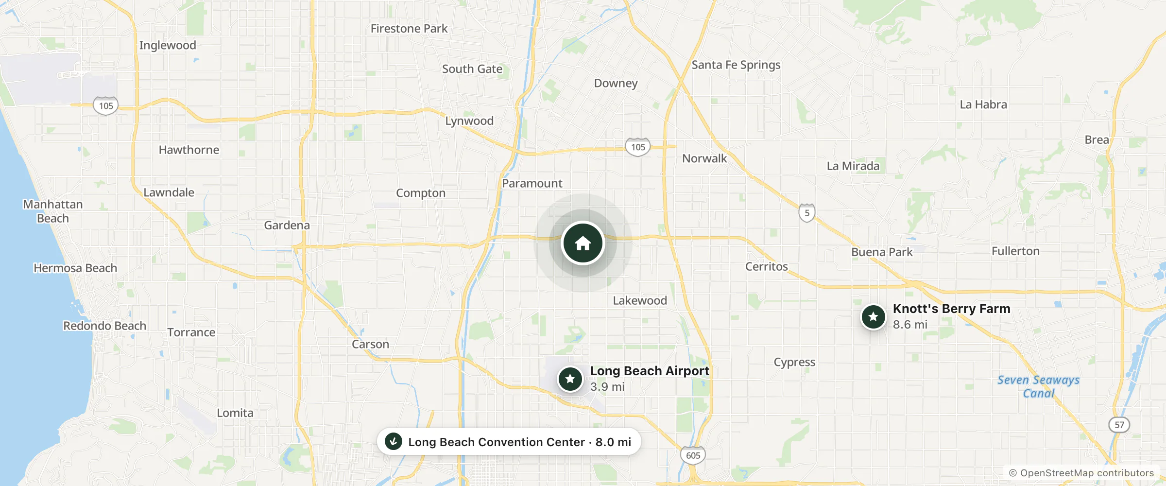 Map of Royalty Inn and nearby Long Beach Airport, Long Beach Convention Center and Knott's Berry Farm