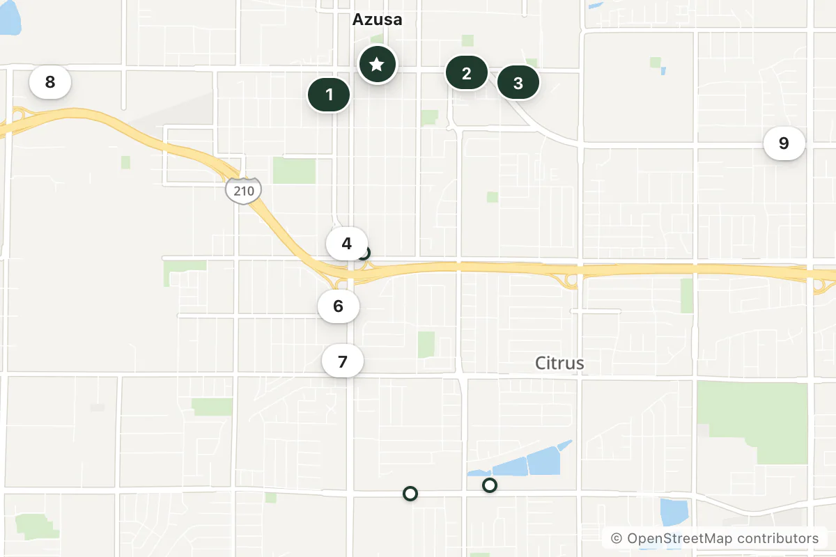 Map of the top 12 hotels for this question around Azusa