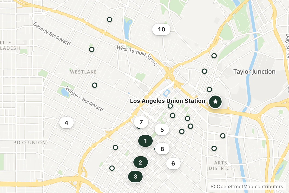 Map of the top 25 hotels for this question around Los Angeles Union Station
