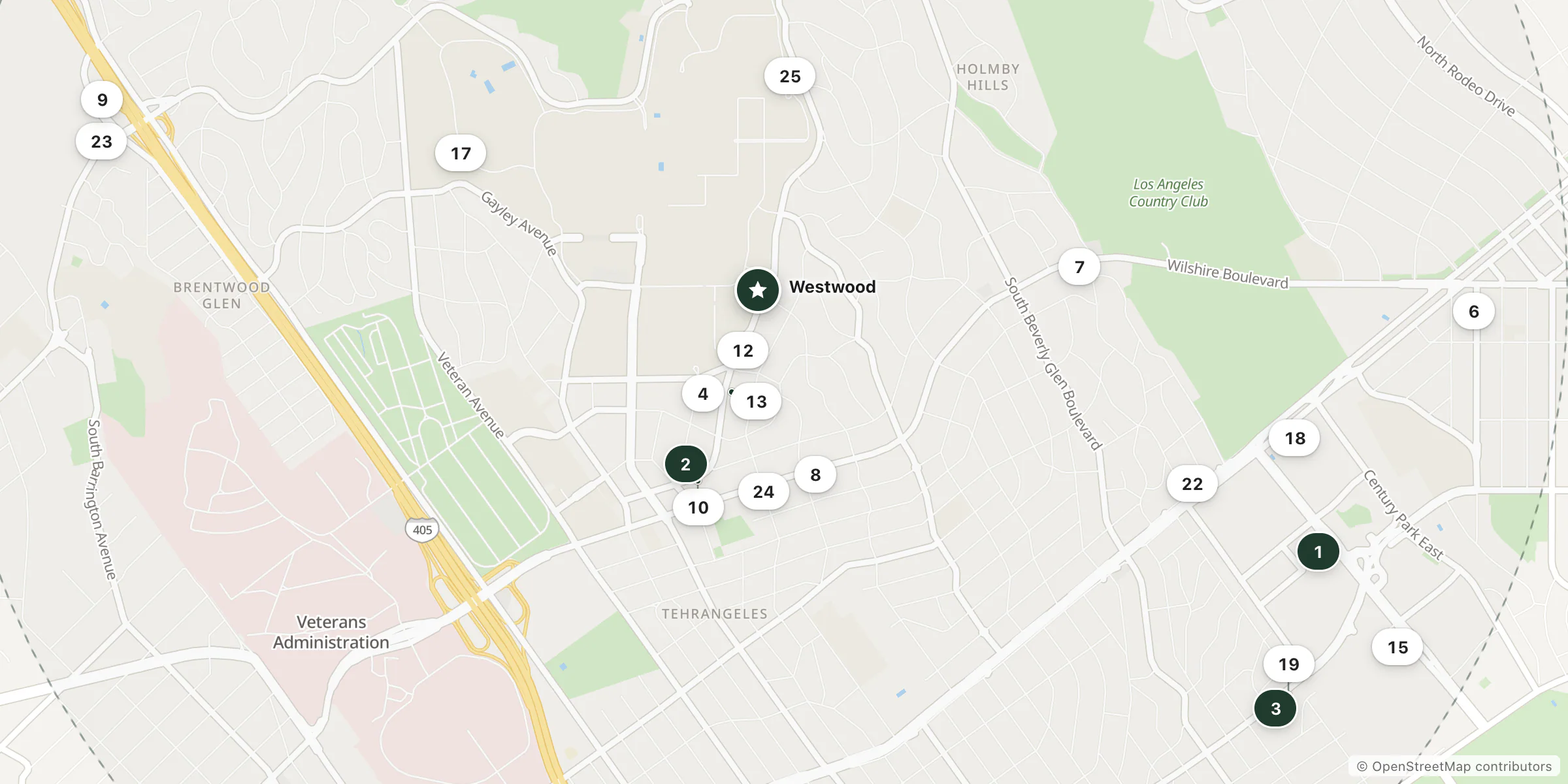 Map of hotels near Westwood