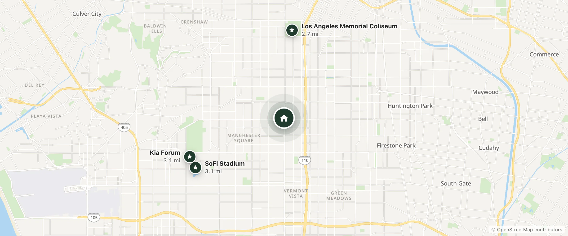 Map of East West Motel and nearby Los Angeles Memorial Coliseum, SoFi Stadium and Kia Forum