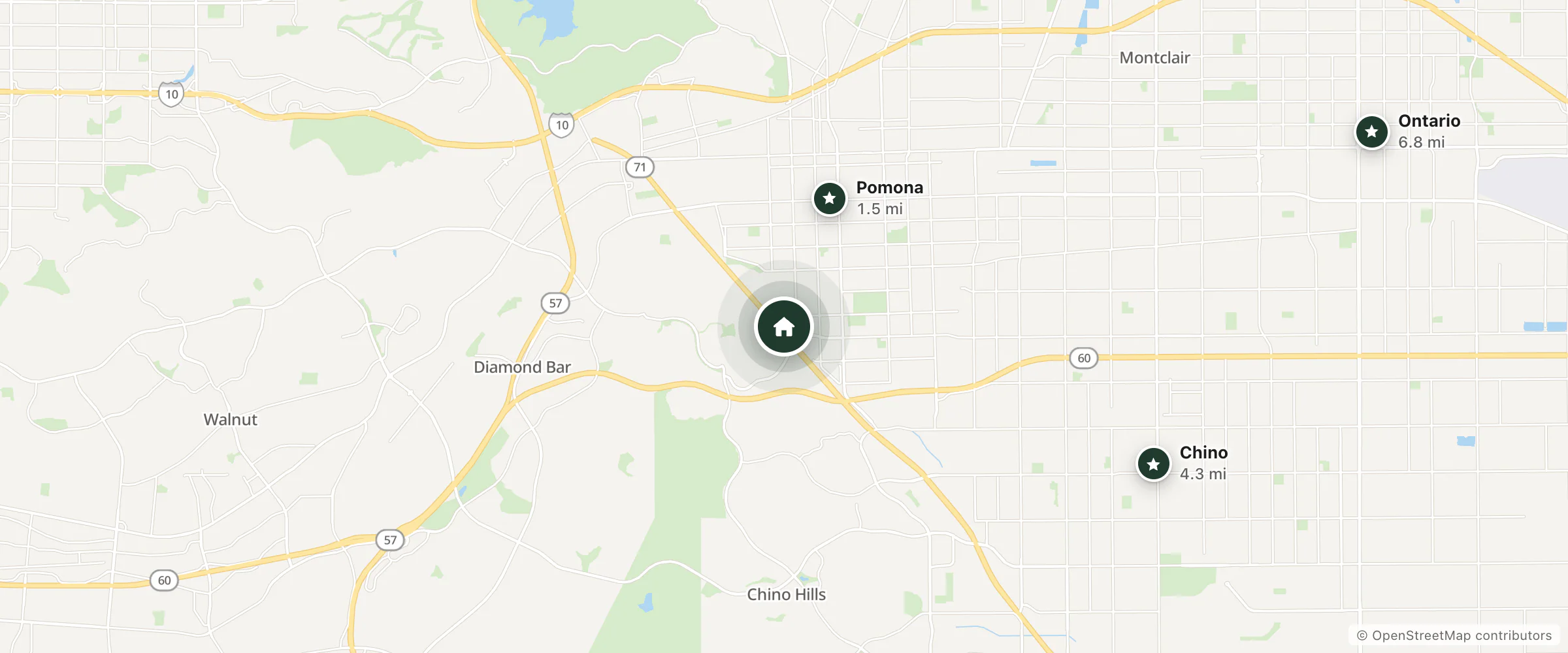 Map of Hilton Garden Inn Pomona and nearby Pomona, Chino and Ontario
