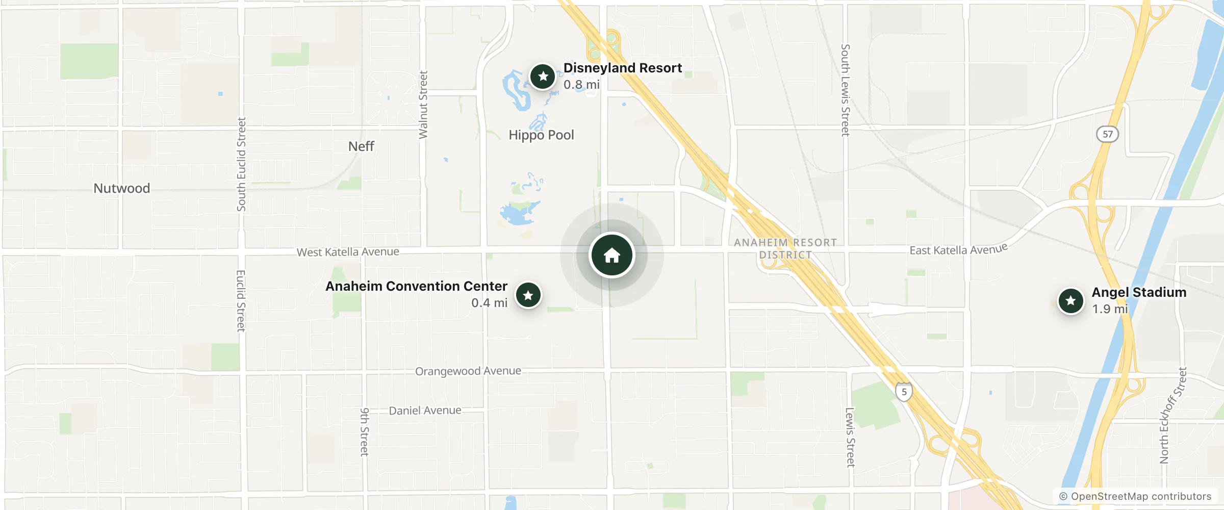 Map of Hyatt House At Anaheim Resort/convention Center and nearby Anaheim Convention Center, Disneyland Resort and Angel Stadium