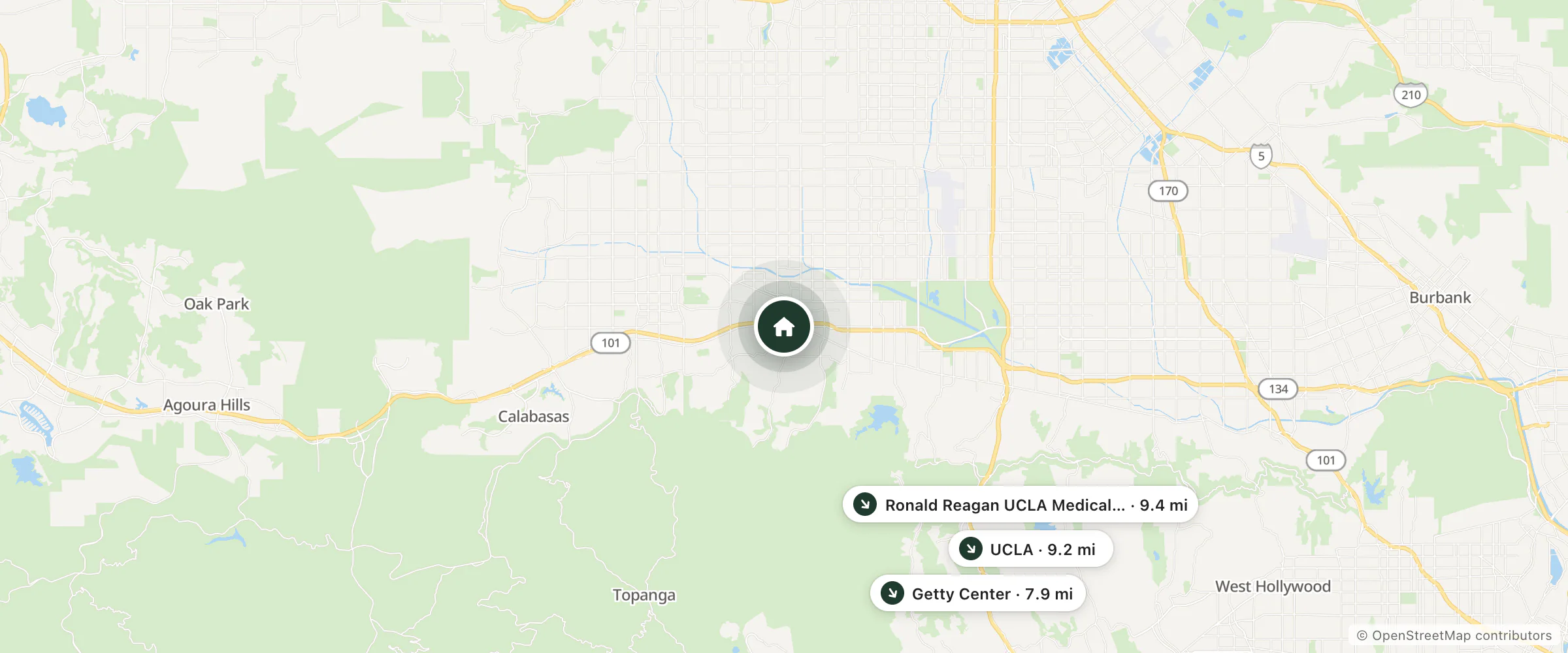 Map of Tarzana Inn and nearby Getty Center, UCLA and Ronald Reagan UCLA Medical Center