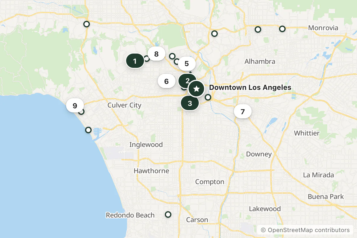 Map of the top 21 hotels for this question around Downtown Los Angeles