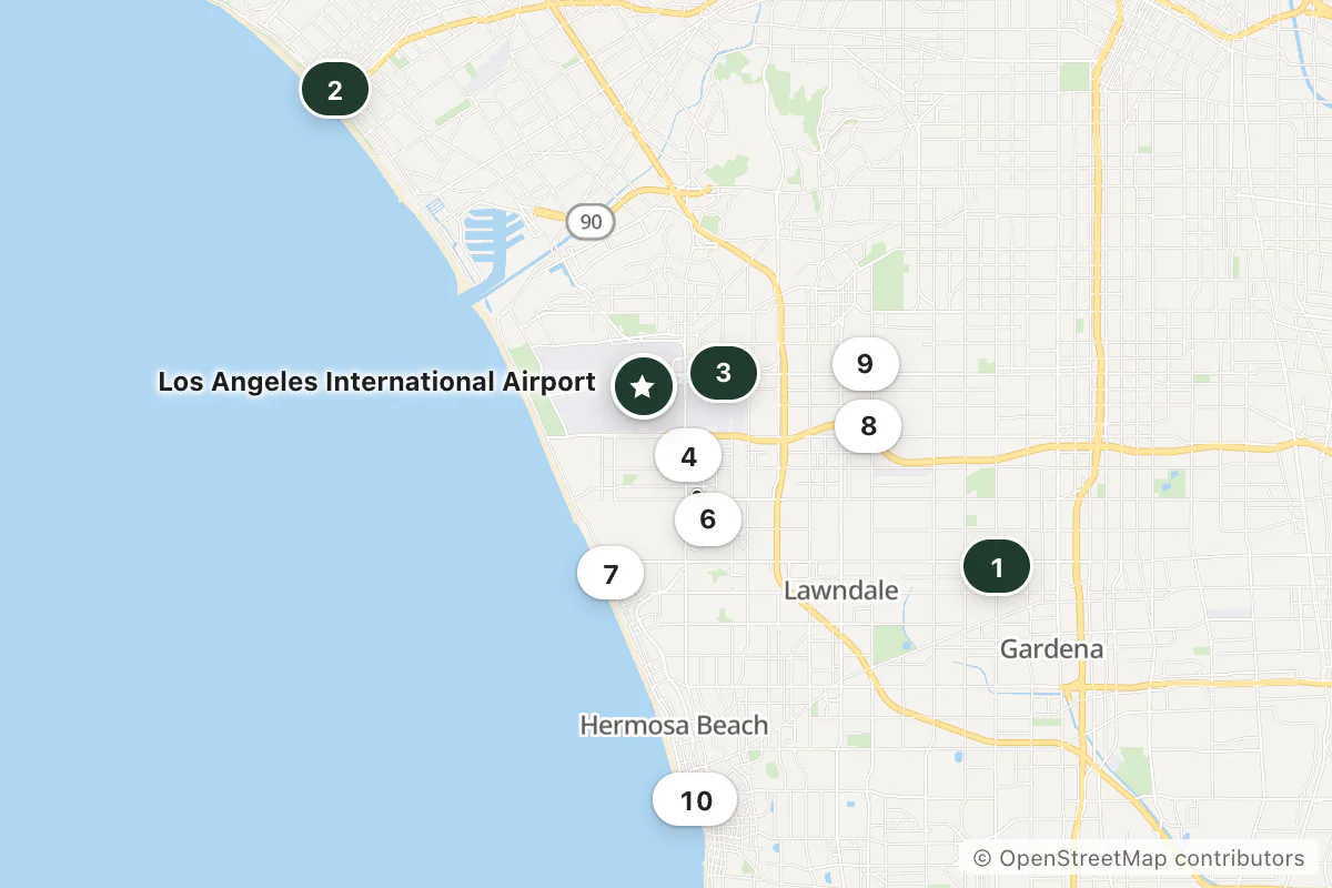 Map of the top 11 hotels for this question around Los Angeles International Airport