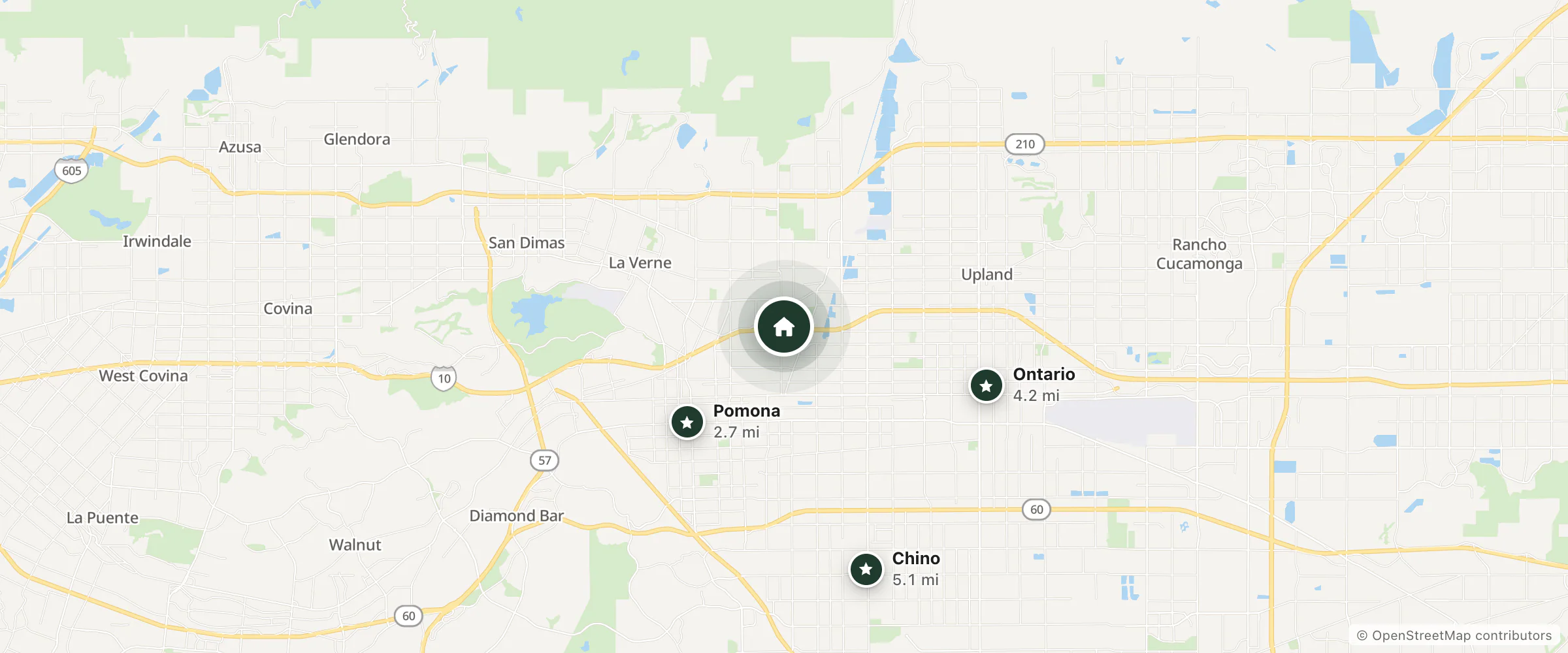 Map of Claremont Lodge and nearby Pomona, Ontario and Chino