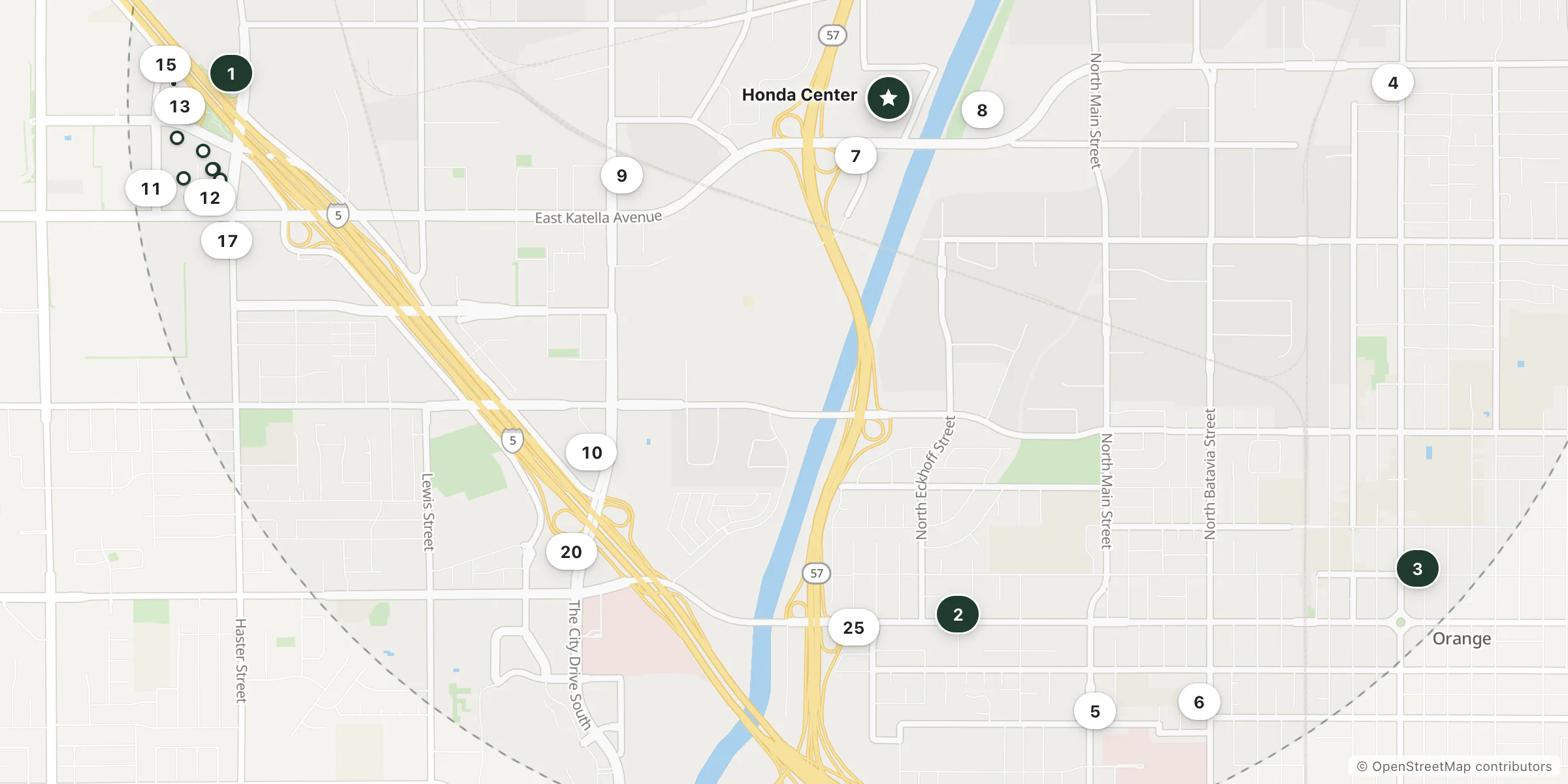 Map of hotels near Honda Center