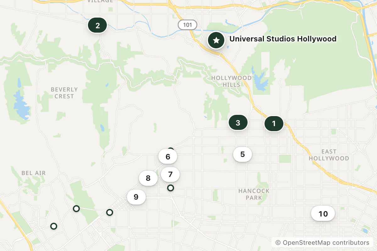 Map of the top 15 hotels for this question around Universal Studios Hollywood