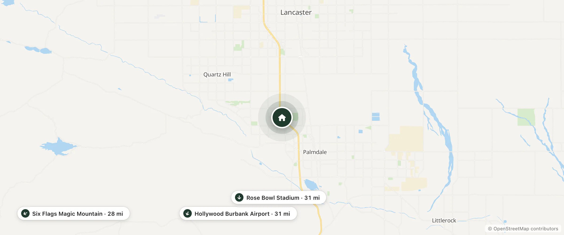 Map of Fairfield by Marriott Inn & Suites Palmdale West and nearby Six Flags Magic Mountain, Hollywood Burbank Airport and Rose Bowl Stadium