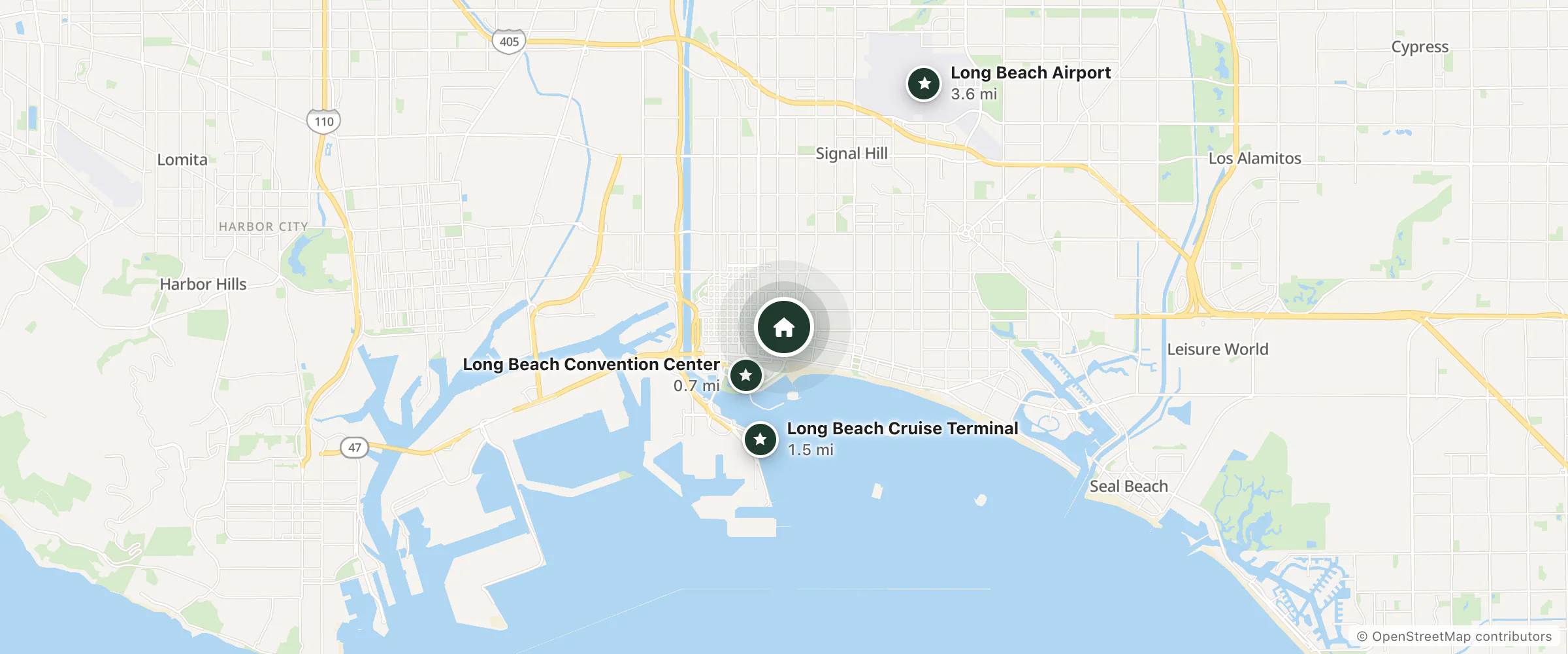 Map of Club Hotel and nearby Long Beach Convention Center, Long Beach Cruise Terminal and Long Beach Airport