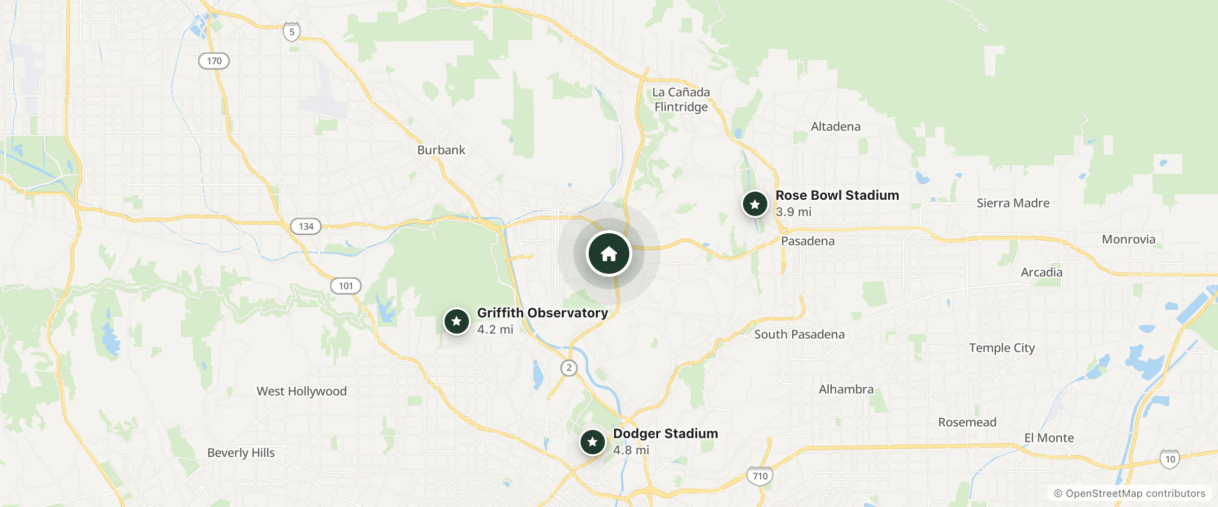 Map of Glenridge Inn Glendale Pasadena and nearby Rose Bowl Stadium, Griffith Observatory and Dodger Stadium
