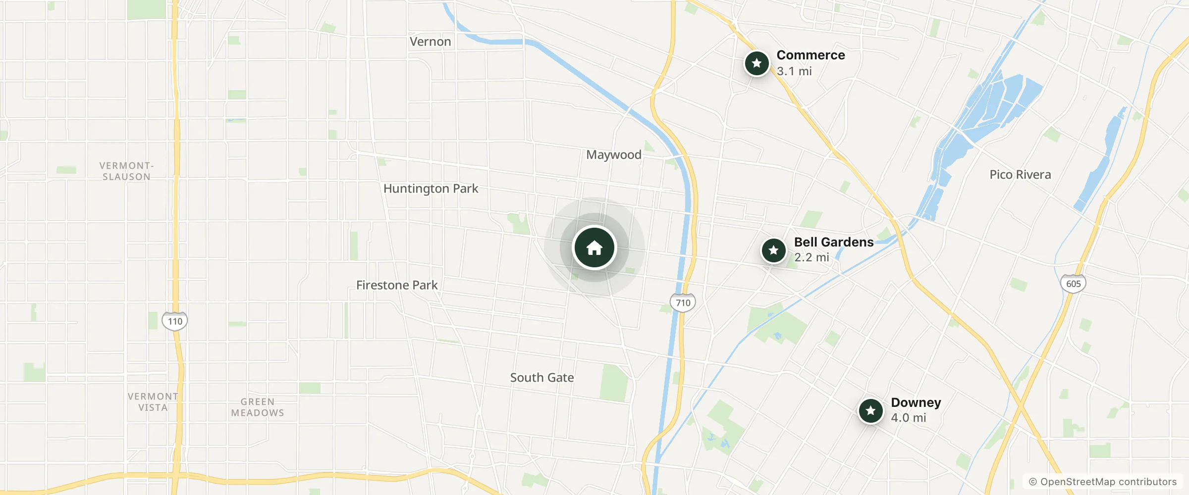 Map of Bell Manor Motel and nearby Bell Gardens, Commerce and Downey