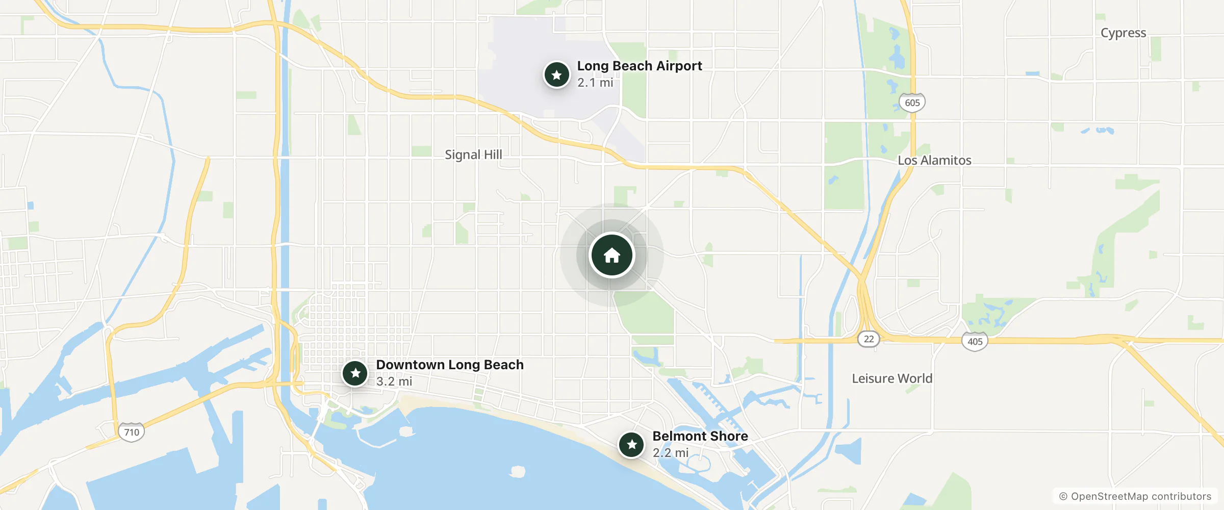 Map of Marina Motel and nearby Long Beach Airport, Belmont Shore and Downtown Long Beach
