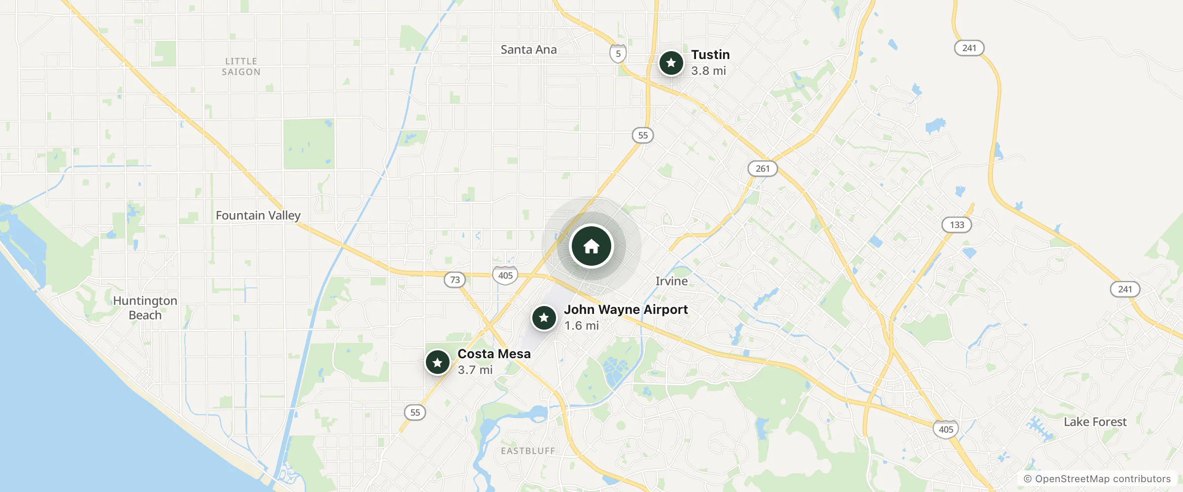 Map of Homewood Suites and nearby John Wayne Airport, Costa Mesa and Tustin