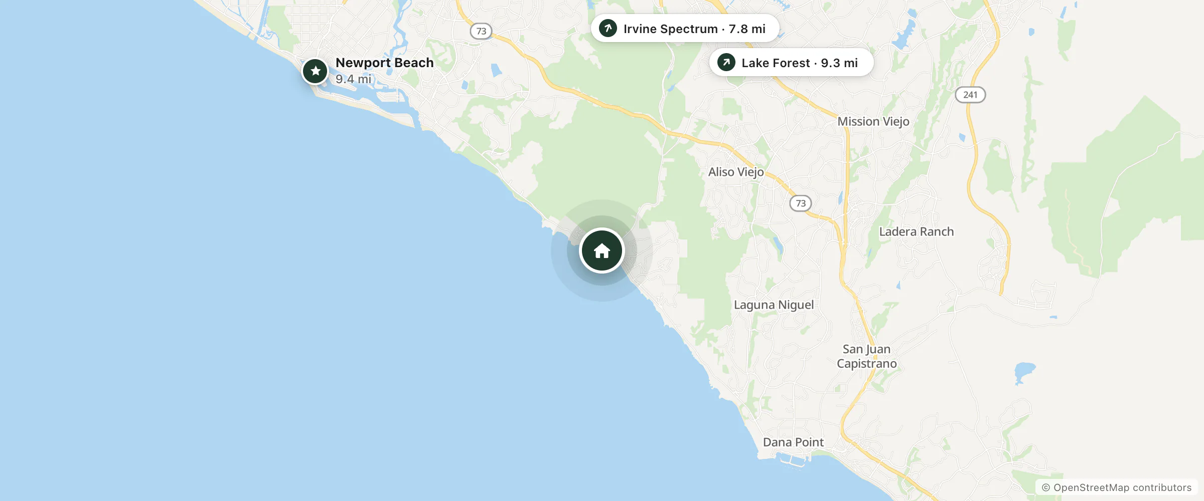 Map of Laguna Shores and nearby Irvine Spectrum, Lake Forest and Newport Beach
