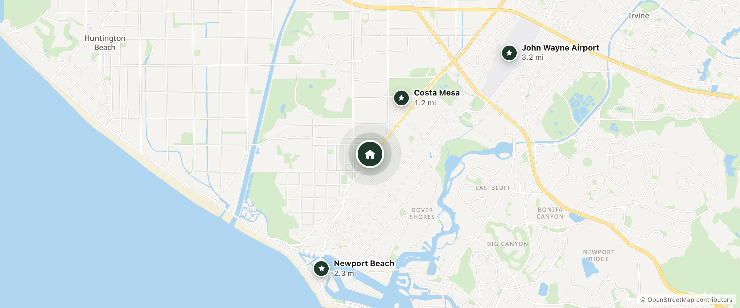 Map of Cozy Inn Costa Mesa and nearby Costa Mesa, Newport Beach and John Wayne Airport