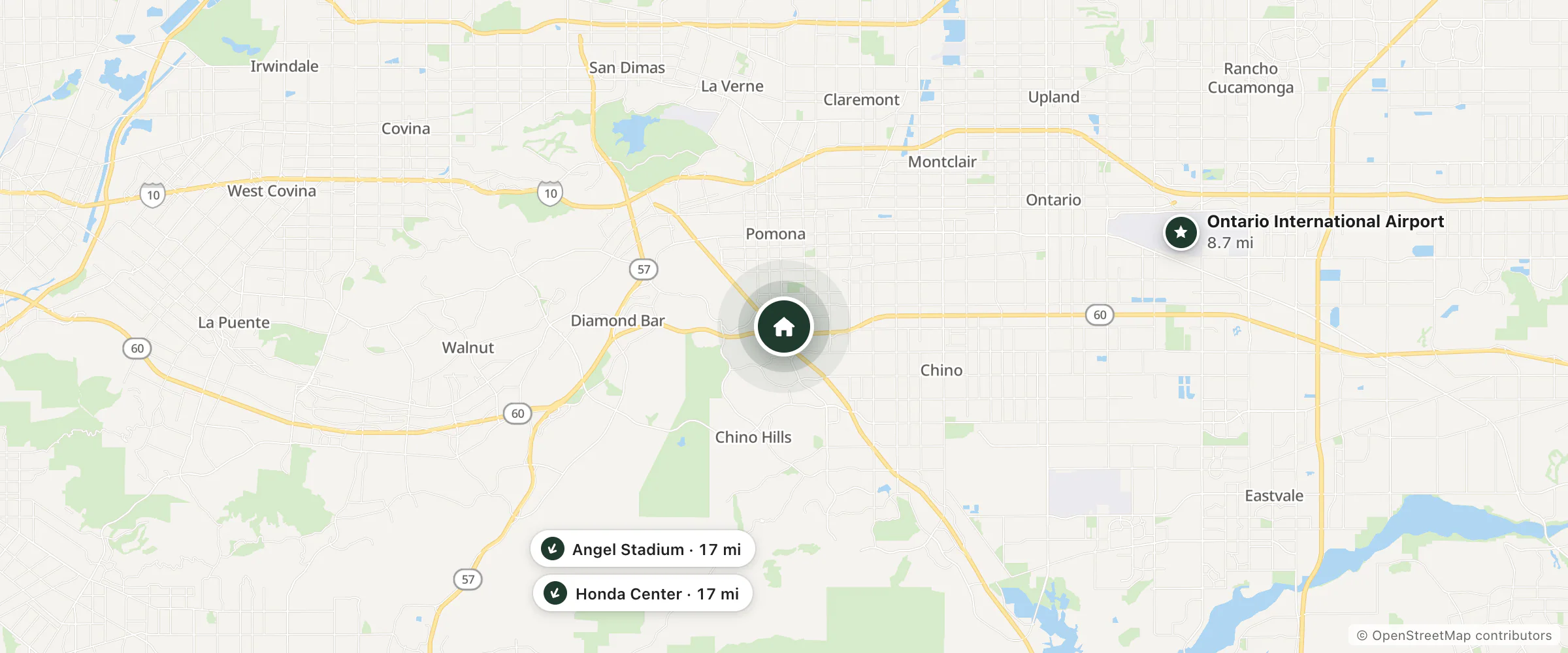 Map of Motel 6 and nearby Ontario International Airport, Honda Center and Angel Stadium