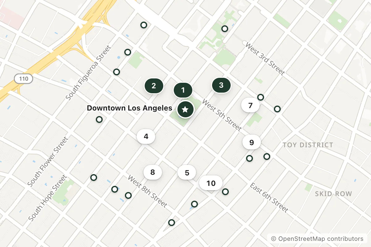 Map of the top 25 hotels for this question around Downtown Los Angeles