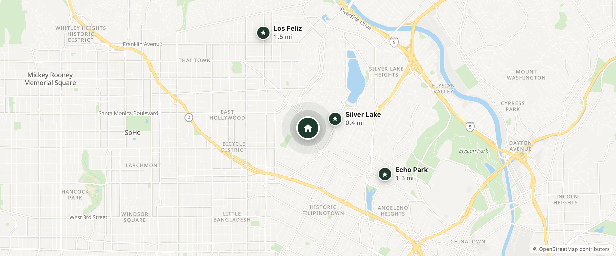 Map of Rosslyn Hotel and nearby Silver Lake, Echo Park and Los Feliz