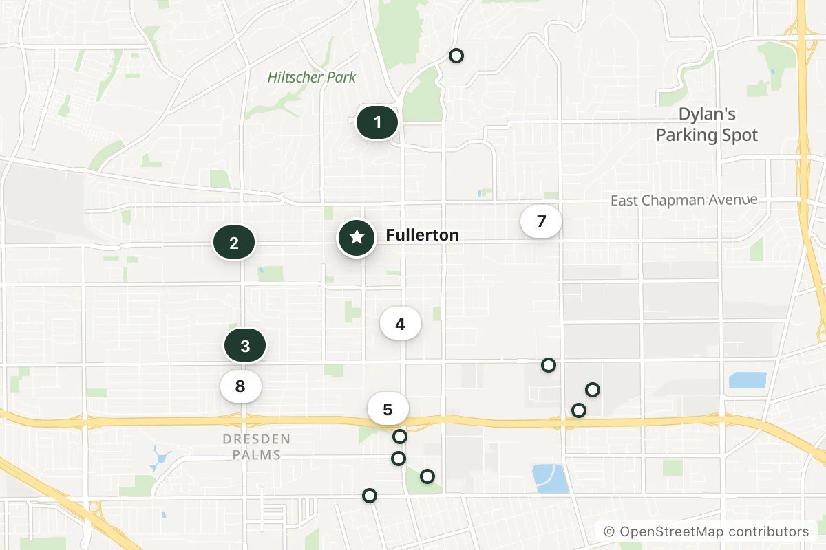 Map of the top 18 hotels for this question around Fullerton