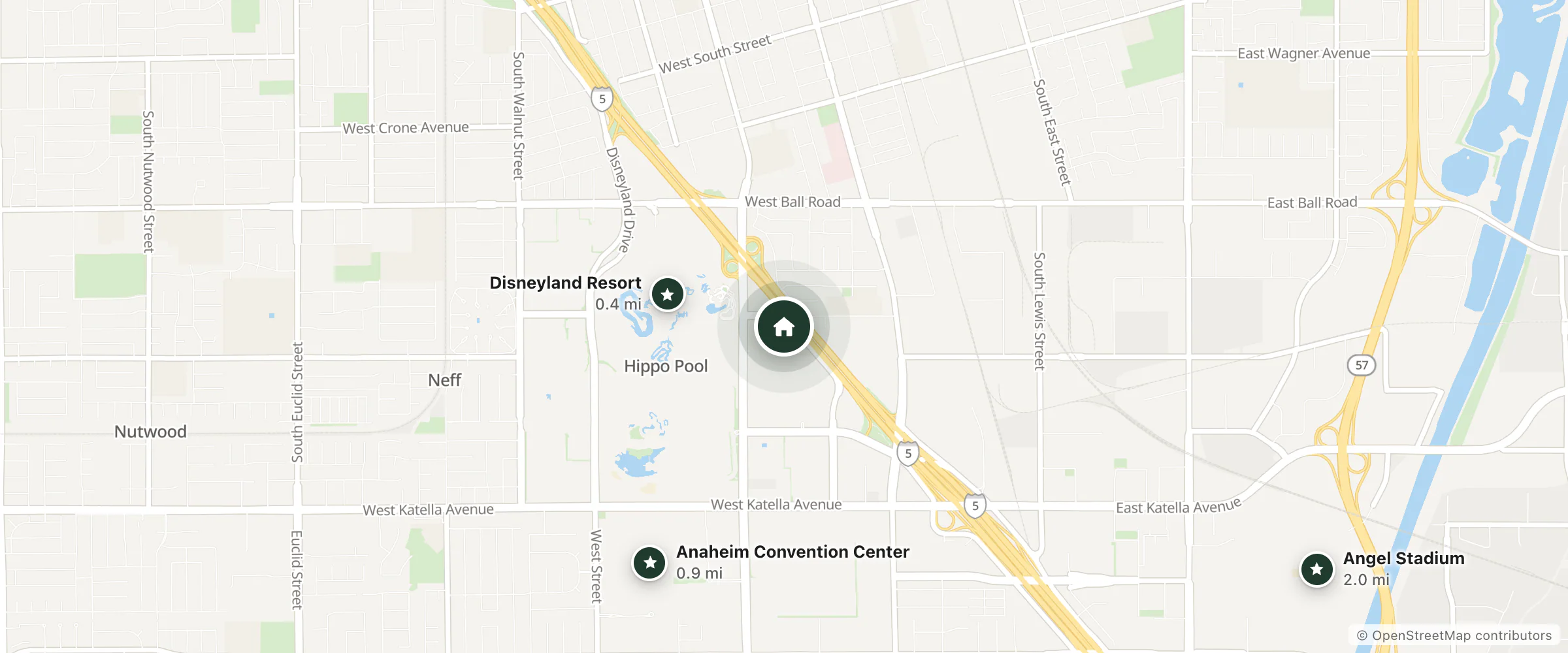Map of Holiday Inn Express & Suites Anaheim Resort Area and nearby Disneyland Resort, Anaheim Convention Center and Angel Stadium