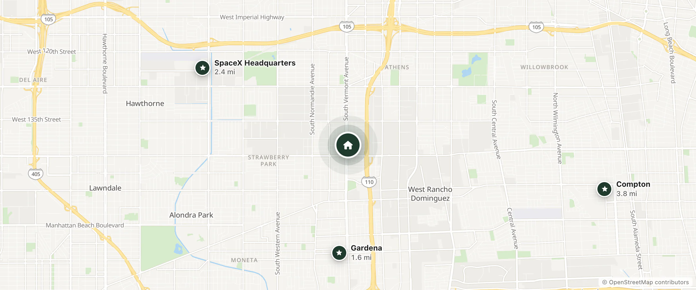 Map of Sea Rock Inn and nearby Gardena, SpaceX Headquarters and Compton