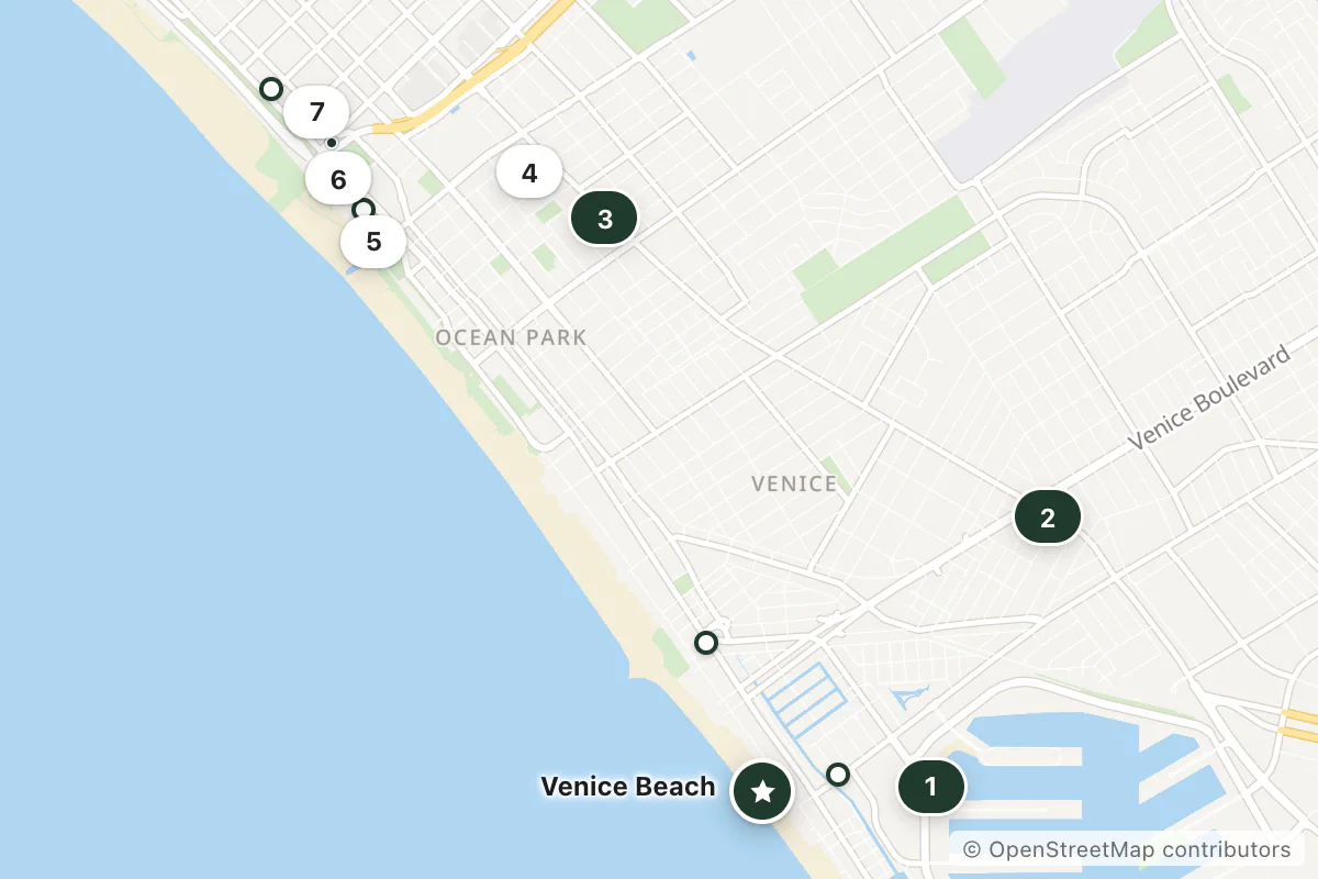 Map of the top 13 hotels for this question around Venice Beach