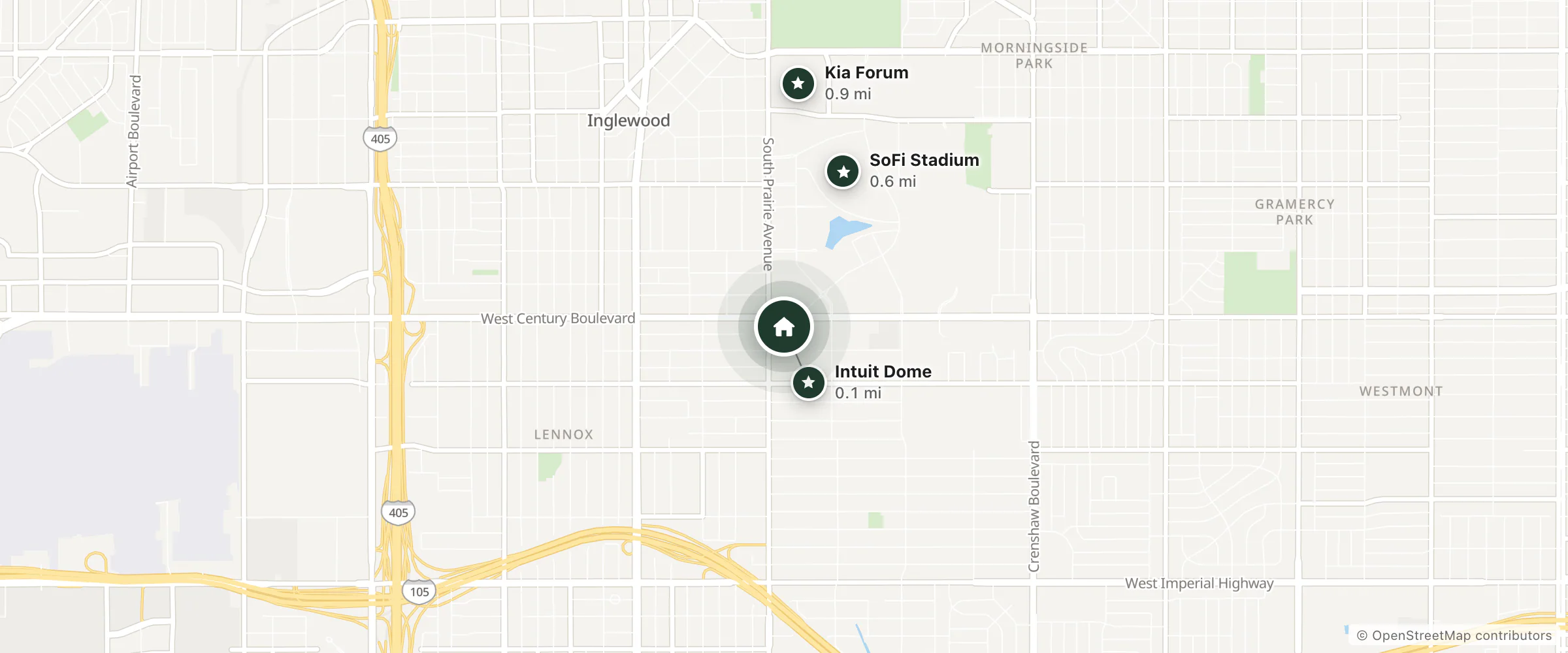 Map of Hotel and nearby Intuit Dome, SoFi Stadium and Kia Forum