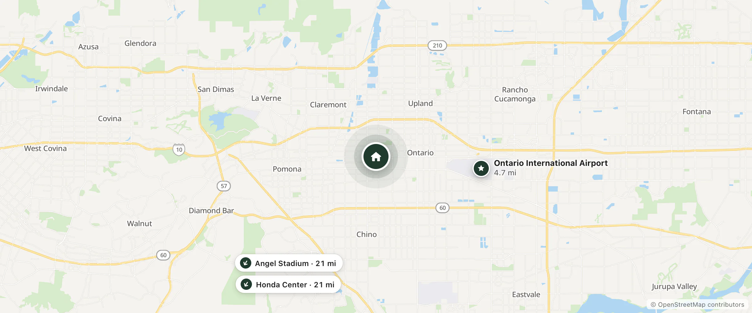 Map of Country Inn Motel and nearby Ontario International Airport, Honda Center and Angel Stadium