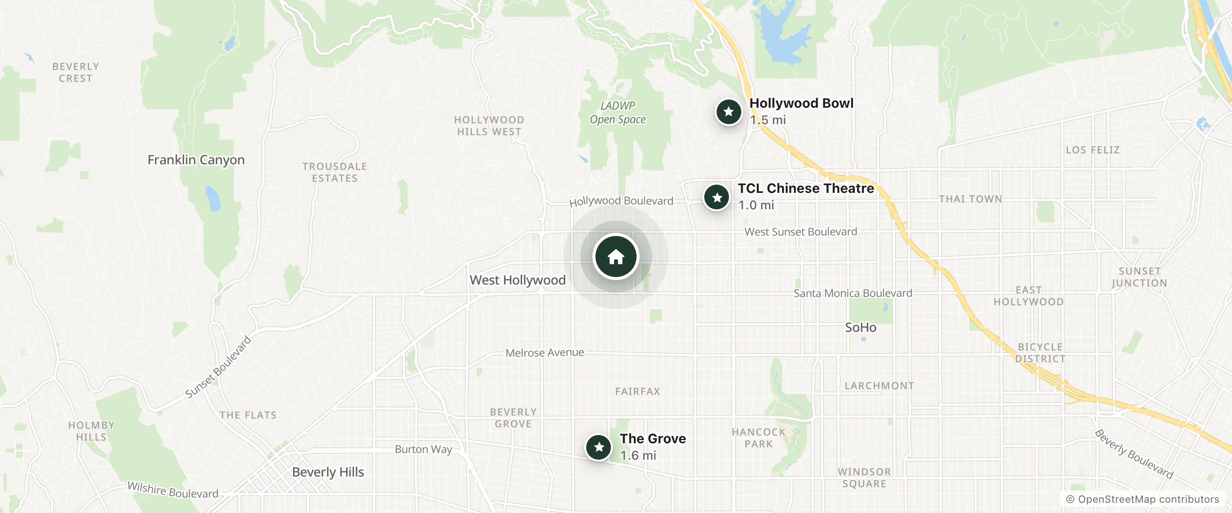Map of Hilton and nearby TCL Chinese Theatre, Hollywood Bowl and The Grove