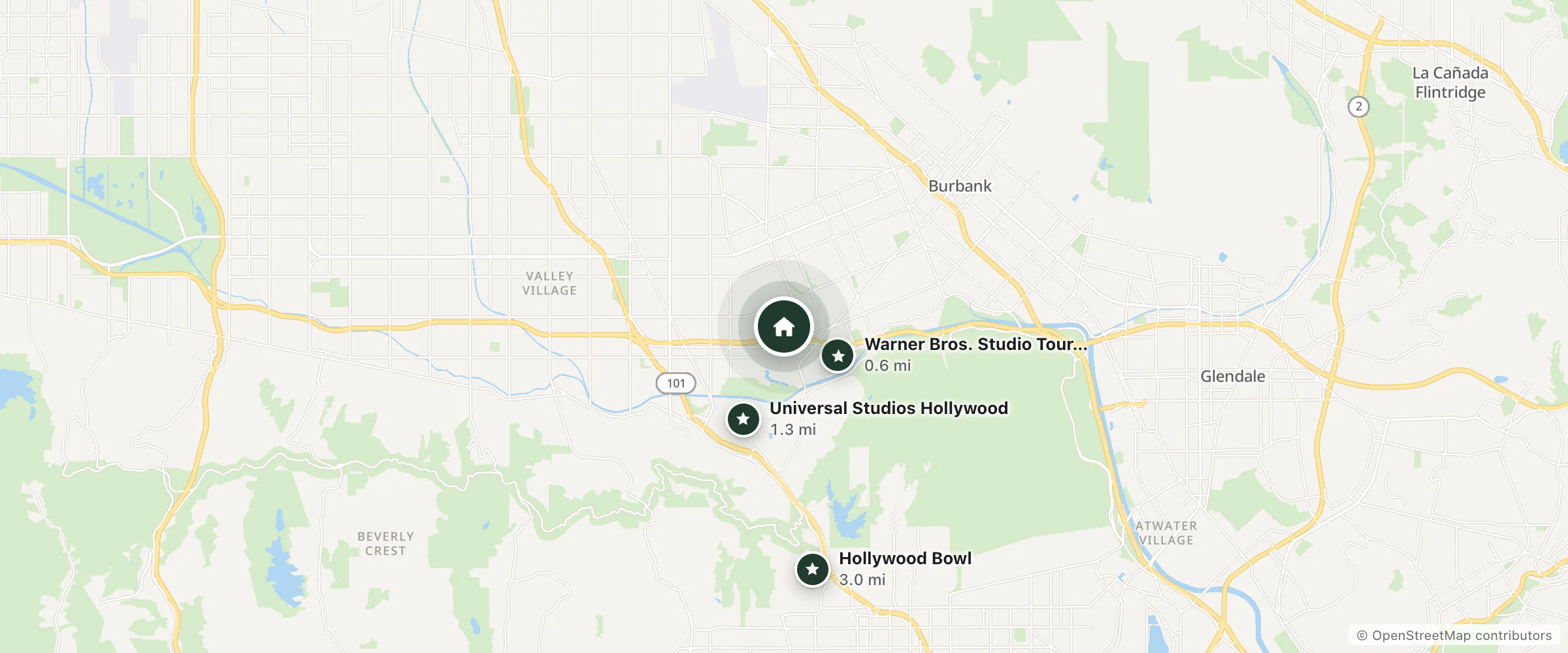 Map of Hotel Amarano and nearby Warner Bros. Studio Tour Hollywood, Universal Studios Hollywood and Hollywood Bowl